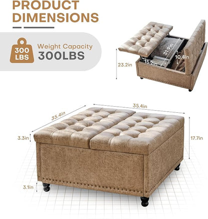 Redlife 35 Inch Large Square Storage Ottoman, Storage Ottoman Coffee Table with Lift Top Faux Leather Ottomans Bench Square Footrest Oversized Upholstered Coffee Table for Living Room (Champagne)