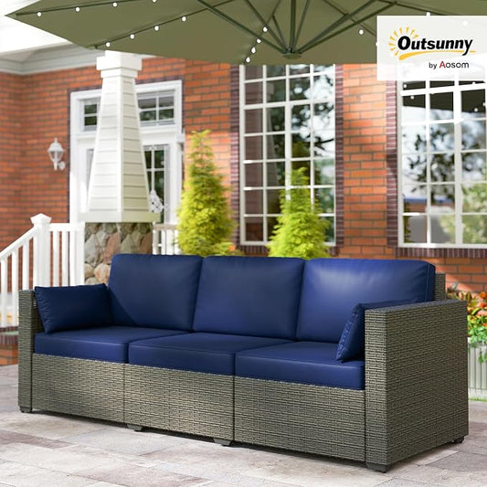 Outsunny Patio Couch PE Wicker Deep Seating Outdoor Sofa with Removable Cushions, 3 Seater Rattan Sofa, Outdoor Furniture for Balcony, Deck, Garden and Poolside, Navy Blue