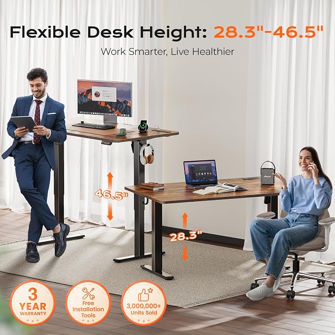 Huuger 55 x 28 Large Electric Standing Desk with 4 AC Outlets, Type-C Port, Height Adjustable Computer Desk, 27.6" Deep Desktop, Stand up Gaming Office Desk, 3 Preset Heights, Rustic Brown