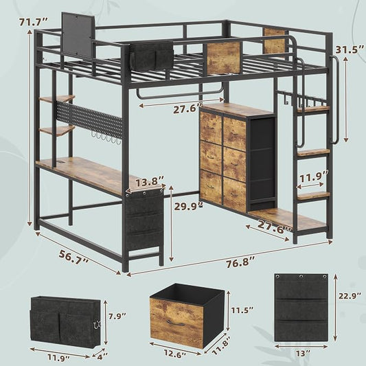 Dnxao Full Size Loft Bed with Desk, Heavy Duty Metal Bed Frame for Teens Adults, 6 Storage Drawers, Power Outlet with Type-C, LED Lights, Integrated Study Workstation for Small Room, Rustic Brown
