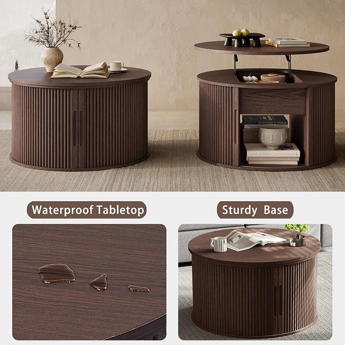 LINSY Lift Top Coffee Table, Round Fluted Coffee Table with Storage, Mid Century Modern Wooden Coffee Tables with Sliding Tambour Door, 31.5" Center Table for Living Room, Office, Small Space, Walnut