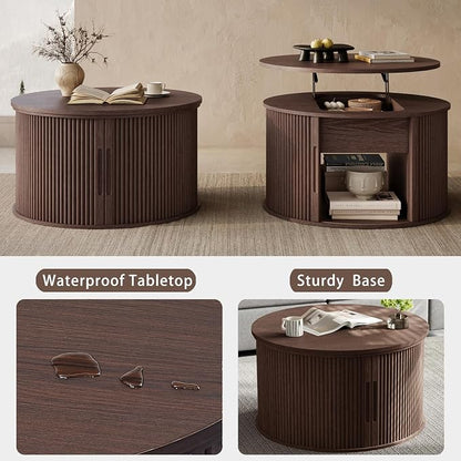 LINSY Lift Top Coffee Table, Round Fluted Coffee Table with Storage, Mid Century Modern Wooden Coffee Tables with Sliding Tambour Door, 31.5" Center Table for Living Room, Office, Small Space, Walnut