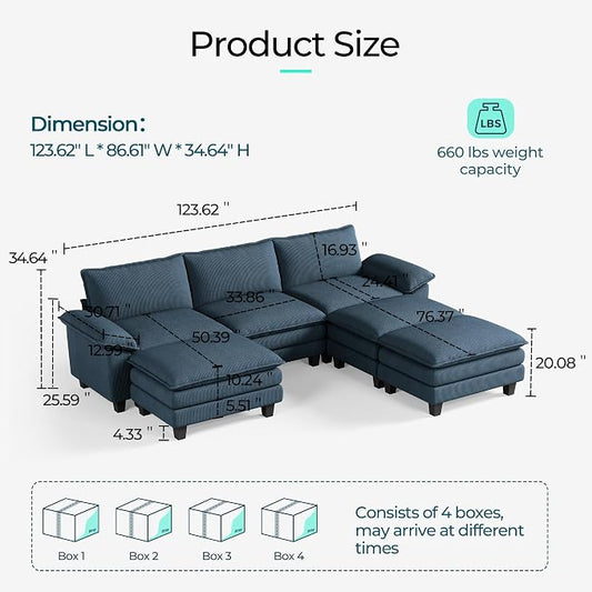 LINSY HOME 123'' Modular Sectional Sofa 3 Seat Couch Corduroy Cloud Couch with Deep Seat, Modern Cloud Couch with 3 Movable Ottoman for Living Room, Office, Bedroom, Blue