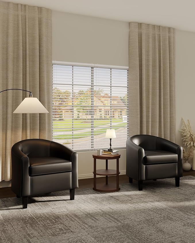 GarveeHome Accent Barrel Chairs Set of 2 Faux Leather Club Armchairs Living Room Chairs with Soft Padded Seat for Bedroom Waiting Reading Room(Black)