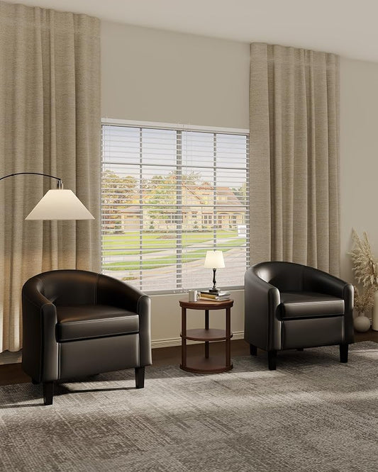 GarveeHome Accent Barrel Chairs Set of 2 Faux Leather Club Armchairs Living Room Chairs with Soft Padded Seat for Bedroom Waiting Reading Room(Black)