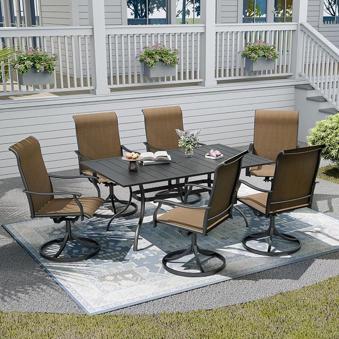 7-Piece Outdoor Dining Set with Umbrella Hole,Patio Swivel Chairs Set and 63"x 38"x 28" Outdoor Patio Table for 6,Modern Garden Dining Set for Poolside Seaside Backyard
