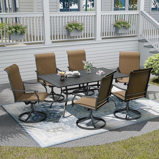 7-Piece Outdoor Dining Set with Umbrella Hole,Patio Swivel Chairs Set and 63"x 38"x 28" Outdoor Patio Table for 6,Modern Garden Dining Set for Poolside Seaside Backyard