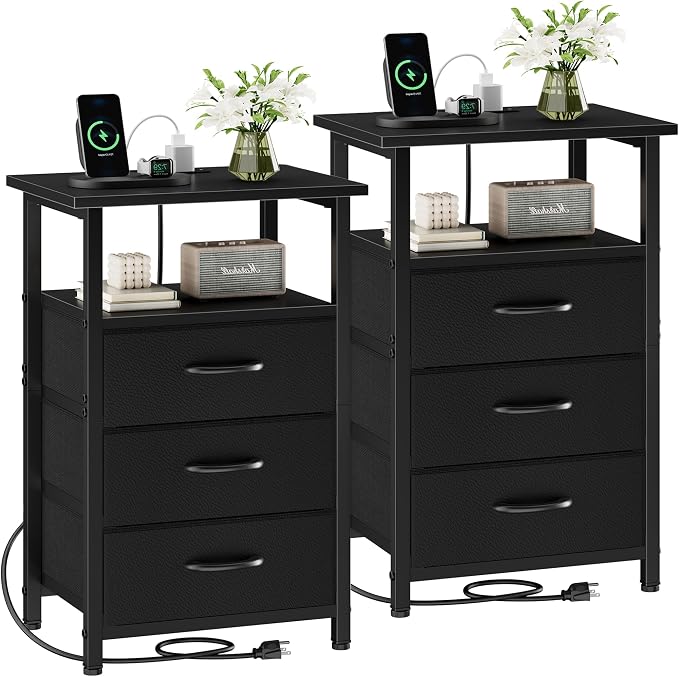 Vagusicc Nightstand Set of 2 with Charging Station, Bedside Table with USB Ports and Outlet, End Table Side Table with 3 Fabric Drawers and Storage Shelf, Bed Side Table Night Stand for Bedroom, Black