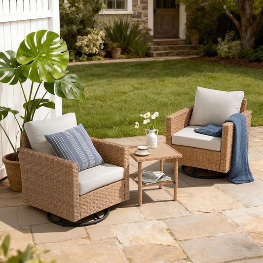 SUNSITT 3-Pieces Patio Furniture Set, Outdoor Wicker Swivel Chairs with Wood Top Side Table & Thick Comfy Cushions, for Porch, Balcony, Deck, Natural Rattan Color