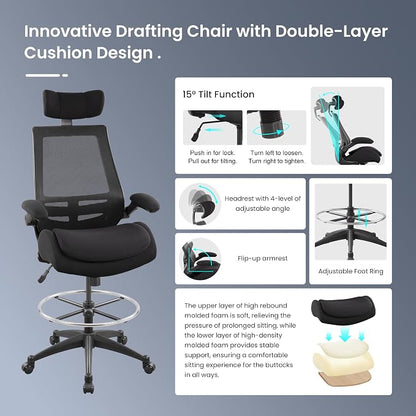BOLISS Big and Tall Drafting Chair 400lbs - High Back Ergonomic Office Chair for Standing Desk with Double Thick Seat Cushion, Adjustable Foot Ring, Lumbar Support & Flip Up Armrests (Black)