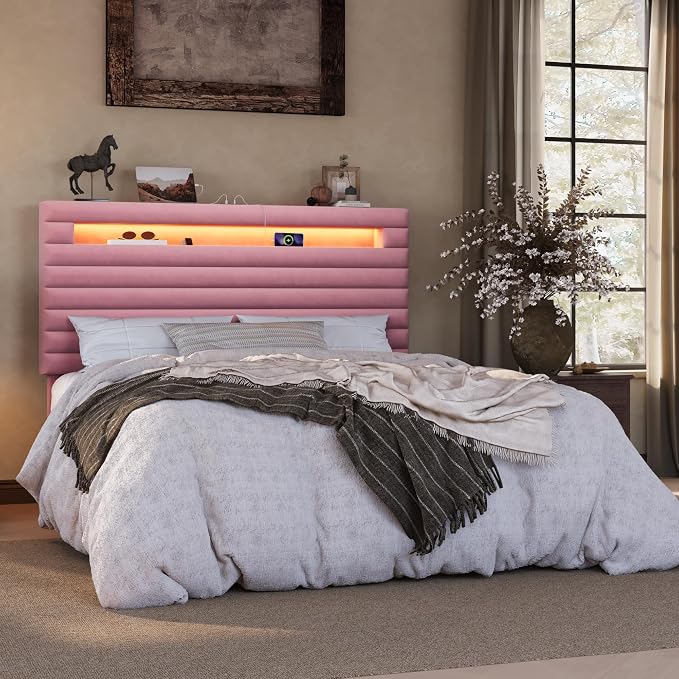 SHA CERLIN Queen Bed Frame with LED Light & 2-Tier Storage Shelf, Velvet Upholstered Adjustable Headboard with Charing Station, Horizontal Channel Tufted, No Box Spring Needed, Easy Assembly, Pink