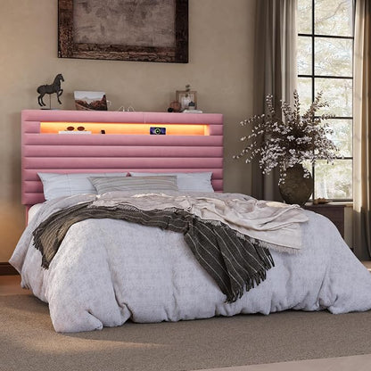 SHA CERLIN Queen Bed Frame with LED Light & 2-Tier Storage Shelf, Velvet Upholstered Adjustable Headboard with Charing Station, Horizontal Channel Tufted, No Box Spring Needed, Easy Assembly, Pink
