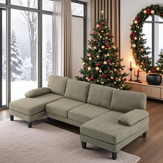 VINGLI 110' U-Shaped Sectional Couch with Two Chaise, Affordable Small Sofa with 4 Seats, Chenille Fabric Comfy Couches for Living Room, Khaki