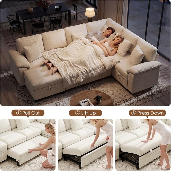 Ihanherry 108" Modular Sectional Sofa with Pull Out Bed, 7-Seater L Shaped Sectional Sleeper Couch with Storage, Chenille Convertible Couches for Living Room, Apartment (Beige)