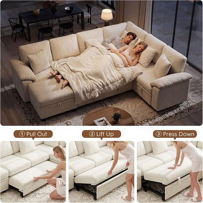 Ihanherry 108" Modular Sectional Sofa with Pull Out Bed, 7-Seater L Shaped Sectional Sleeper Couch with Storage, Chenille Convertible Couches for Living Room, Apartment (Beige)