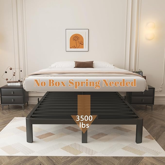10 Inch Full Size Bed Frame, Black Bed Frame Full with Metal Gaskets, No Box Spring Needed, Rounded Corner Design, Heavy Duty Steel Platform Support, Reserved Holes, Storage Space, Noiseless