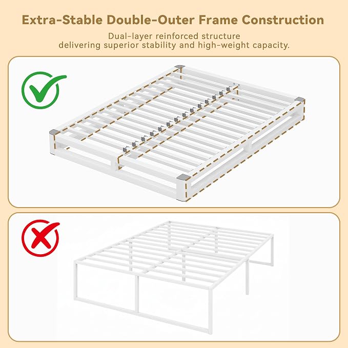 6 Inch King Size Bed Frame with Rounded Corner and Squeak Free U-Slot Design, Metal Platform Bed Frames 6 Non-Slip Guards, 3500lbs Heavy Duty Steel Slat Support, No Box Spring Needed, White