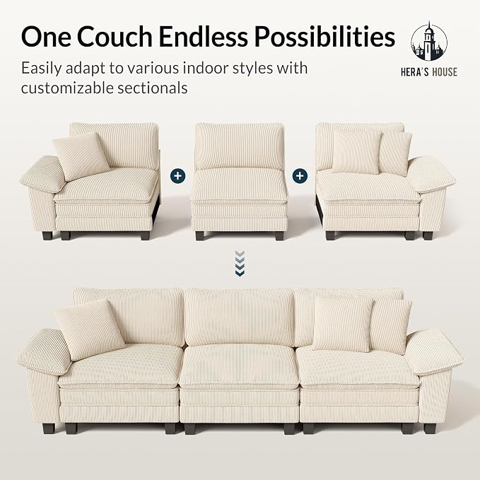 HERA'S HOUSE 158" Oversized Modular Sectional Sofa, Comfy U Shaped Couches for Living Room, Cloud Couch with Ottoman, 6-Seater Deep Seat Sofa with Throw Pillow, Corduroy Beige