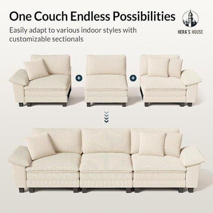 HERA'S HOUSE 158" Oversized Modular Sectional Sofa, Comfy U Shaped Couches for Living Room, Cloud Couch with Ottoman, 6-Seater Deep Seat Sofa with Throw Pillow, Corduroy Beige