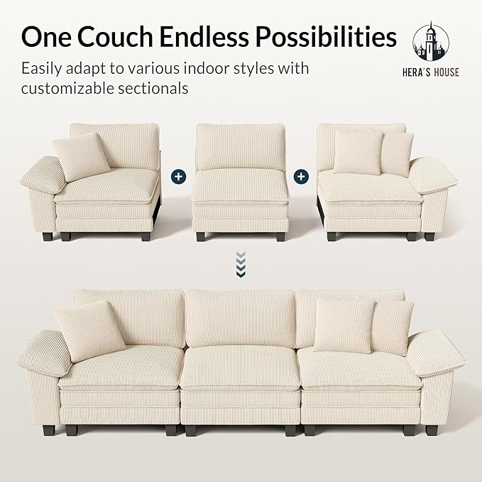 HERA'S HOUSE 88" Modular Sectional Sofa, L Shaped Couches for Living Room, Comfy Cloud Couch with Ottoman, 3-Seater Deep Seat Sofa with Throw Pillow, Corduroy Beige