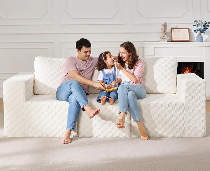 Modular Sectional Sofa 3-Seater Modular Couch with Deep Seat Memory Foam Cloud Chair with Pillows Oversized Sectional Sofa for Living Room Bedroom (Plush White, 3-Seater)