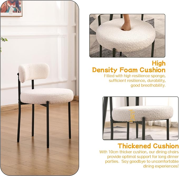 EDWELL White Dining Chairs Set of 4, Modern Dining Room Chairs with 3.94“ Cushions and Metal Legs, Round Upholstered Kitchen Dining Chairs, Ergonomic Backrest Boucle Chairs for Kitchen, Living Room