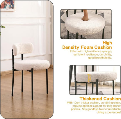 EDWELL White Dining Chairs Set of 2, Modern Dining Room Chairs Mid Century with 3.94" Cushions and Metal Legs, Round Upholstered Boucle Chairs for Kitchen, Living Room, Easy Assembly