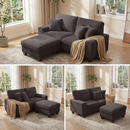 DOPEDIO L-Shaped Sectional Sofa with Storage Ottoman, Modern Chenille Recliner Loveseat, Removable Couch Covers, Pocket Spring Cushions, Solid Wood Frame, Easy to Install (71.25inch, Dark Grey)