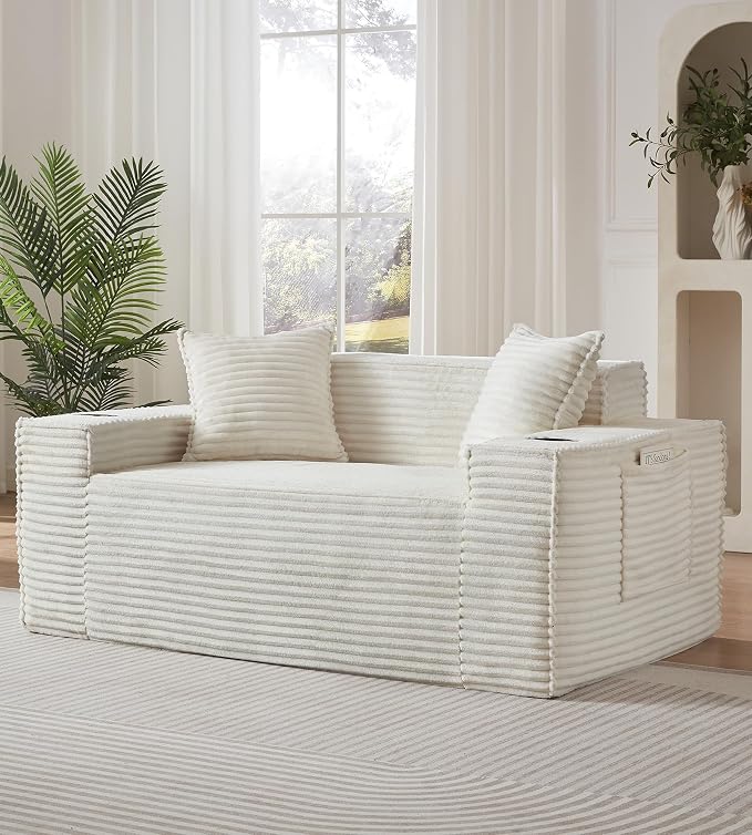 61" Boneless Sofa Couches with Cup Holder,2 Seat Loveseat Sofas with Side Pocket for Compact Living Rooms, Apartments (Beige White, Loveseat Sofa)