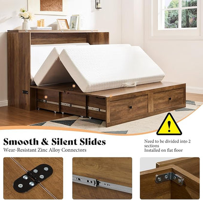 AMERLIFE Full Murphy Bed Cabinet with Charging Station and Storage, Farmhouse Foldable Platform Bed for Guest Room, Office, Small Spaces, Barnwood