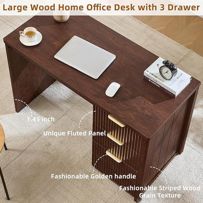 LEYAOYAO Office Desk 48" with 3 Drawers Storage File Cabinet Wood Fluted Desk for Computer Office Bedroom Home Furniture Walnut