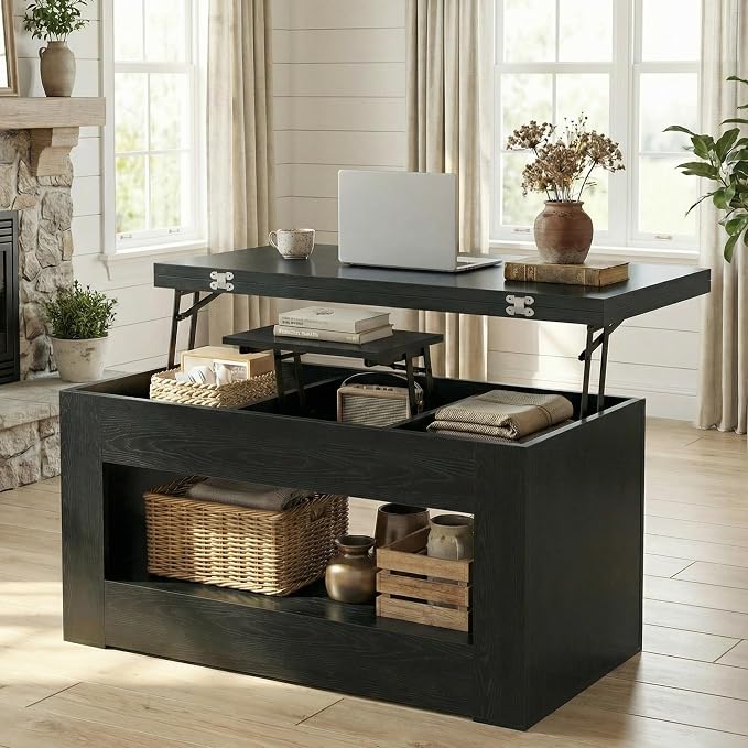 UNIQUITE 40" Lift Top Coffee Table, 4 in 1 Multi-Function Lift Coffee Tables with Storage and Hidden Compartment, Convertible Wood Coffee Tables to Dining Table for Living Room, Black