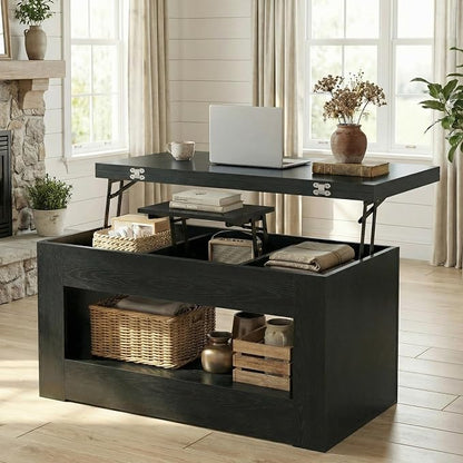 UNIQUITE 40" Lift Top Coffee Table, 4 in 1 Multi-Function Lift Coffee Tables with Storage and Hidden Compartment, Convertible Wood Coffee Tables to Dining Table for Living Room, Black