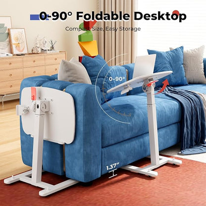 JOY worker Low Height Small Mobile Standing Desk for Couch, Height Adjustable TV Tray Table with 90° Foldable MDF Desktop, Portable Laptop Desk with Low Base & Lockable Hidden Casters, White