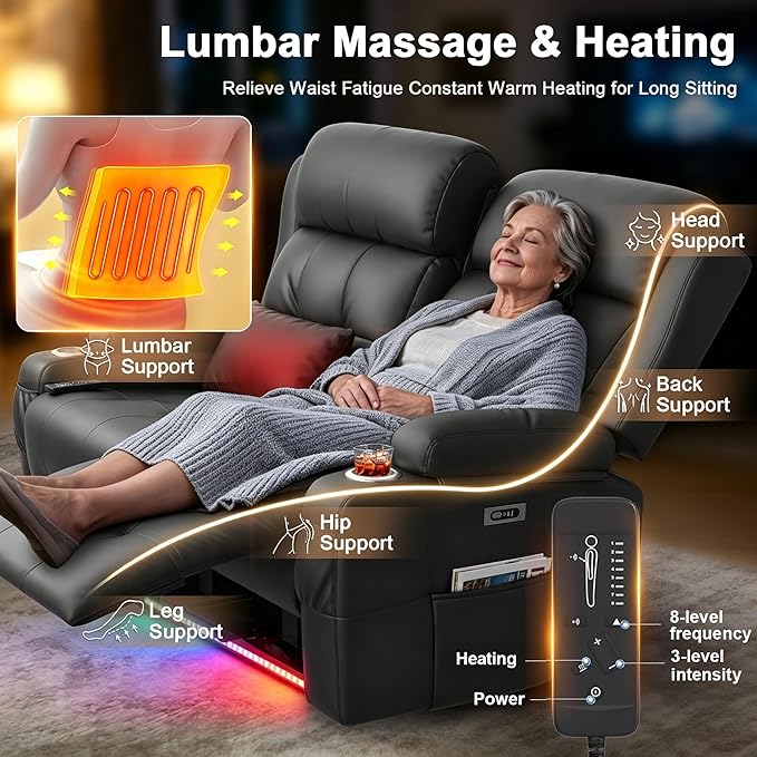 Power Reclining Loveseat with Massage & Heat,Wall Hugger Loveseat Recliner with LED Lights,USB & Type-C Ports, Ideal for RV, Home Theater and Living Room,Black,2 Seats