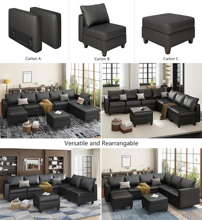 EASE MOOSE Faux Leather Modualr Sectional Couch with Storage,Black Faux Leather Modualr Sofa Couch