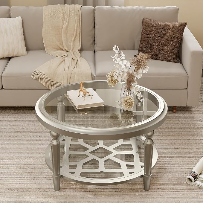 COSIEST 32" Round Glass Coffee Table with Storage, 2-Tier Modern Champagne Center Table for Living Room, Elegant Clear Glass Top Accent Table with Pine Wood Frame, Simple Home Office Furniture