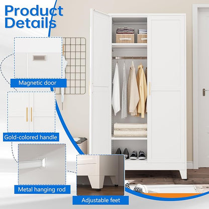 PAOFIN 71" Metal Armoire Wardrobe Closet, Bedroom Clothing Storage Cabinet with Hanging Rod, Freestanding White Armoire Cabinet with Adjustable Shelves