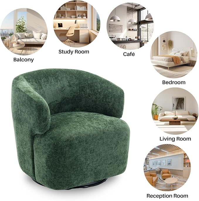 SOFTHION Swivel Accent Chair, Chenille Barrel Chair for Living Room, Cozy Round Boucle Arm Chair, Metal Base for Club Nursery Bedroom, Green