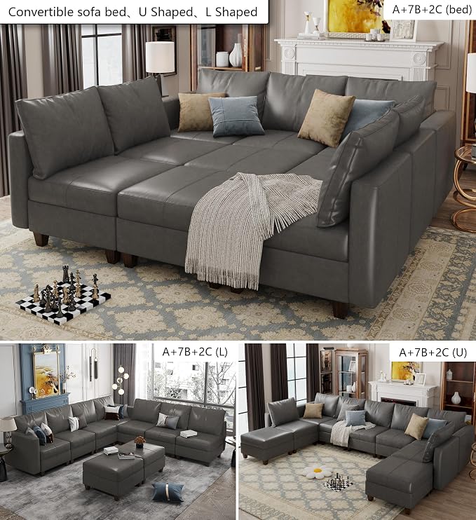 EASE MOOSE Modular Sectional Couch with Storage, Faux Leather Sectional Sleeper Sofa Bed,Grey Faux Leather Modular Sofa