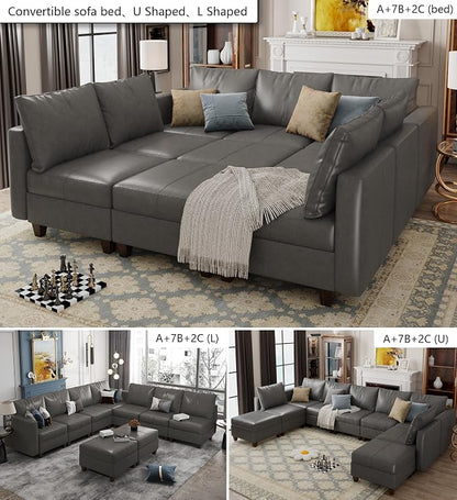EASE MOOSE Modular Sectional Couch with Storage, Faux Leather Sectional Sleeper Sofa Bed,Grey Faux Leather Modular Sofa