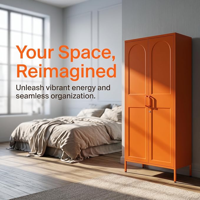 Orange Lockable Metal Storage Wardrobe, Tall Freestanding Cold Rolled Steel Cabinet with Arched Embossed Doors, Elevated Feet for Bedroom Office Storage Size：67" H x 31.5" W x 18.1" D