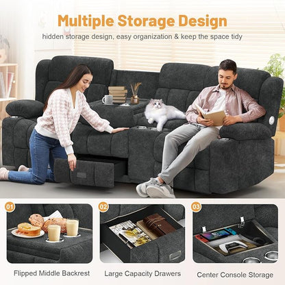 Dresegmt Recliner Sofa with Storage Console, Flip Middle Backrest Design 3 Seat Reclining Sofa with Storage Drawer, USB Ports & Cup Holders, Manual Couch for Living Room (Gray, 3 Seater + Console)