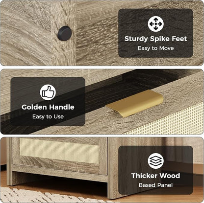 Luoxiao Nightstand Set of 2 with Charging Station - 4 Outlets & 4 USB Ports, Rattan Drawers Side Table, Boho Wood Bedside Tables End Table for Bedroom, Small Space, Easy Assembly (15.4"x23.6"x21.5")