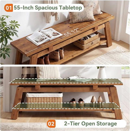 Solid Wood Bench, 55" Farmhouse Entryway Bench with Shoe Storage | End of Bed Bench Shoe Bench Seat for Entrance Hallway Bedroom Living Room, 350 lb Capacity, Scratch Resistant, Natural Brown