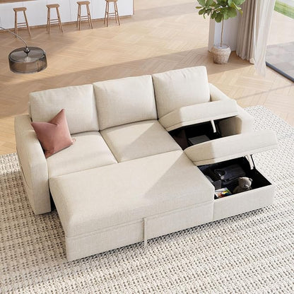 HONBAY Modular Sectional Sleeper Sofa with Pull Out Bed, L Shaped Couch with Storage Seat, Modular Sectional Couches for Living Room - Beige