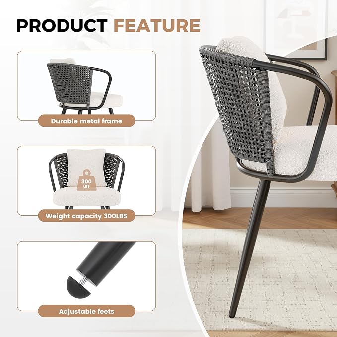 Modern Rattan Dining Chairs Set of 6, Upholstered Kitchen Chair with Metal Legs, Ergonomic Curved Backrest, Mid Century Living Room Chairs with Throw Pillow for Home, Dark Gray