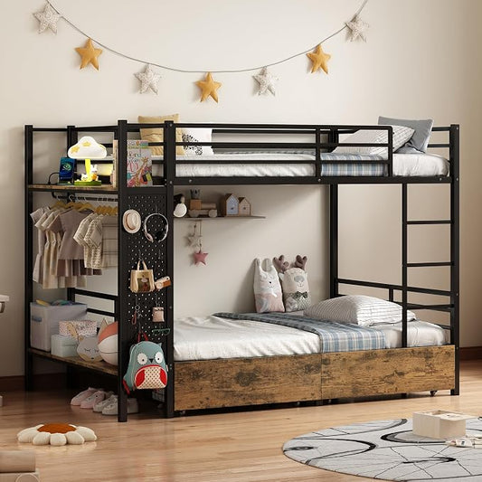 Twin Over Twin Metal Bunk Bed with Storage Station & Rolling Drawers | Built-In USB Charging Station,Hall Tree & Full Safety Guardrails for Bedroom