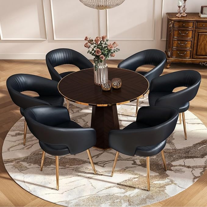 Hyfirm Dining Chairs Set of 6, Black Side Chairs with Hollow Back, PU Leather Upholstered Accent Chairs with Gold Metal Legs, Modern Kitchen Chairs for Living Room Restaurant