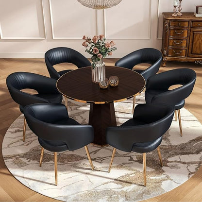 Hyfirm Dining Chairs Set of 6, Black Side Chairs with Hollow Back, PU Leather Upholstered Accent Chairs with Gold Metal Legs, Modern Kitchen Chairs for Living Room Restaurant
